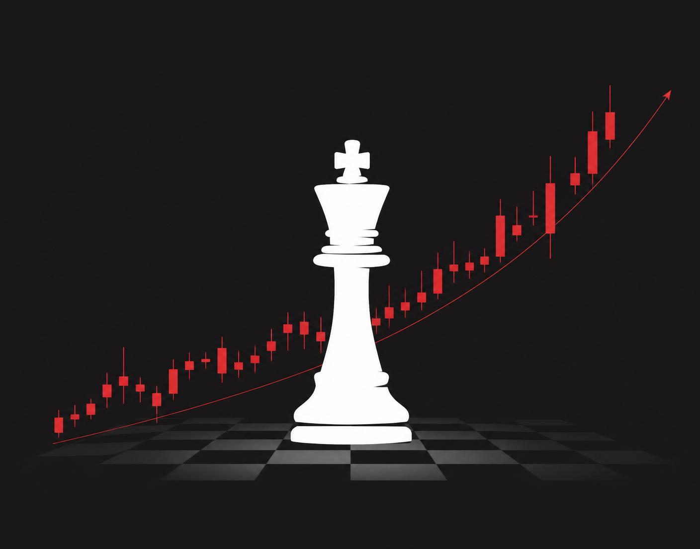 Rey de ajedrez sobre un tablero junto a un gráfico de velas del dólar en tendencia alcista